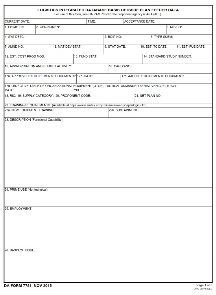 DA FORM 7751 - Logistics Integrated Database Basis Of Issue Plan Feeder Data