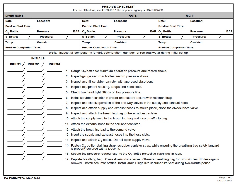 DA FORM 7756 - Pre-Dive Check List