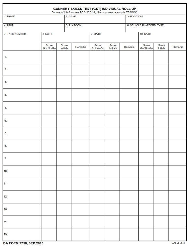 DA FORM 7758 - Gunnery Skills Test (GST) Individual Roll-Up