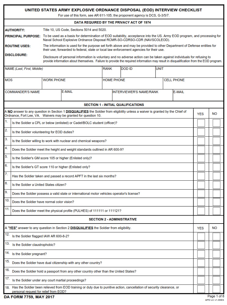 DA FORM 7759 - United States Army Explosive Ordnance Disposal (EOD) Interview Checklist