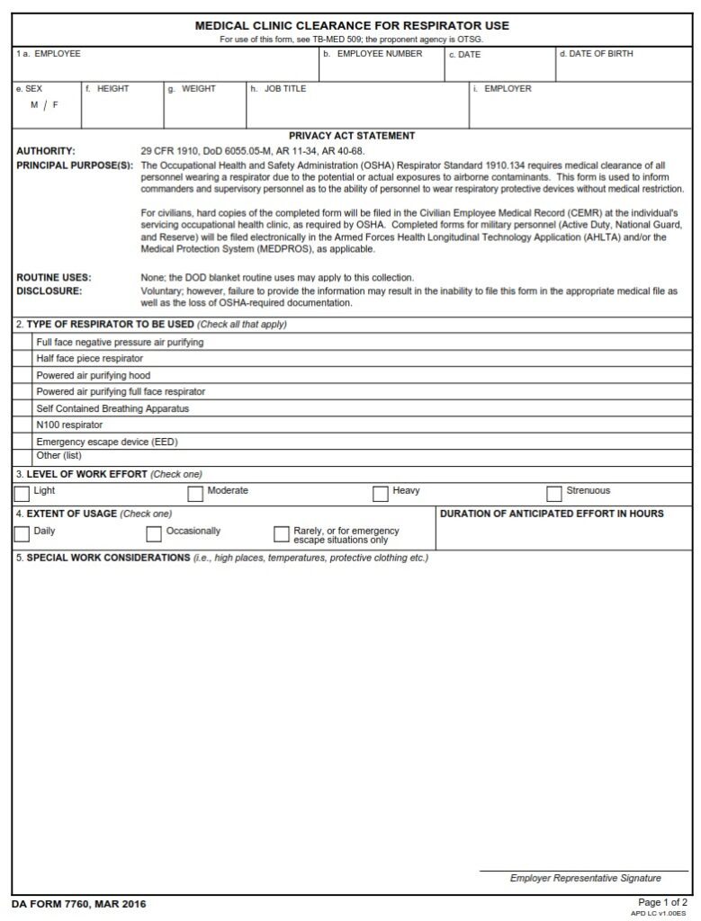 DA FORM 7760 - Medical Clinic Clearance For Respirator Use