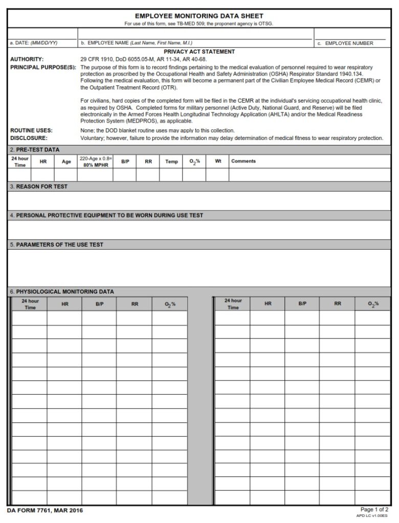 DA FORM 7761 - Employee Monitoring Data Sheet - Page 1