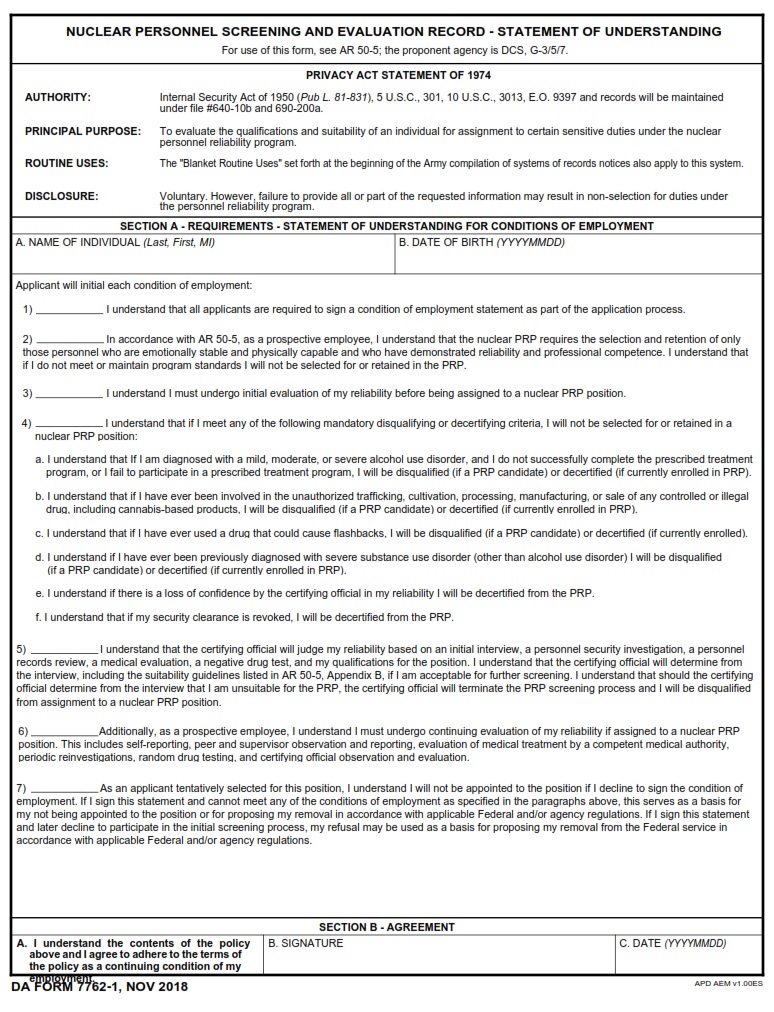 DA FORM 7762-1 - Nuclear Personnel Screening and Evaluation Record - Statement Of Understanding