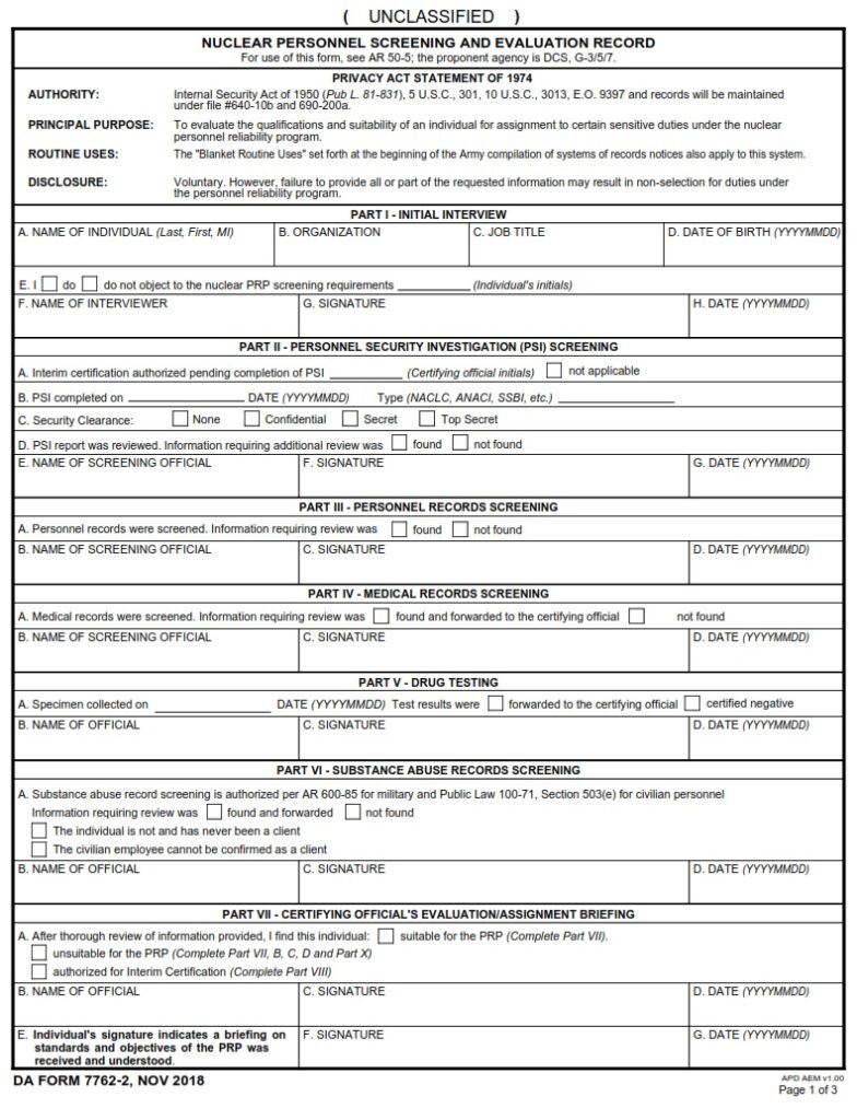 DA FORM 7762-2 - Nuclear Personnel Screening and Evaluation Record