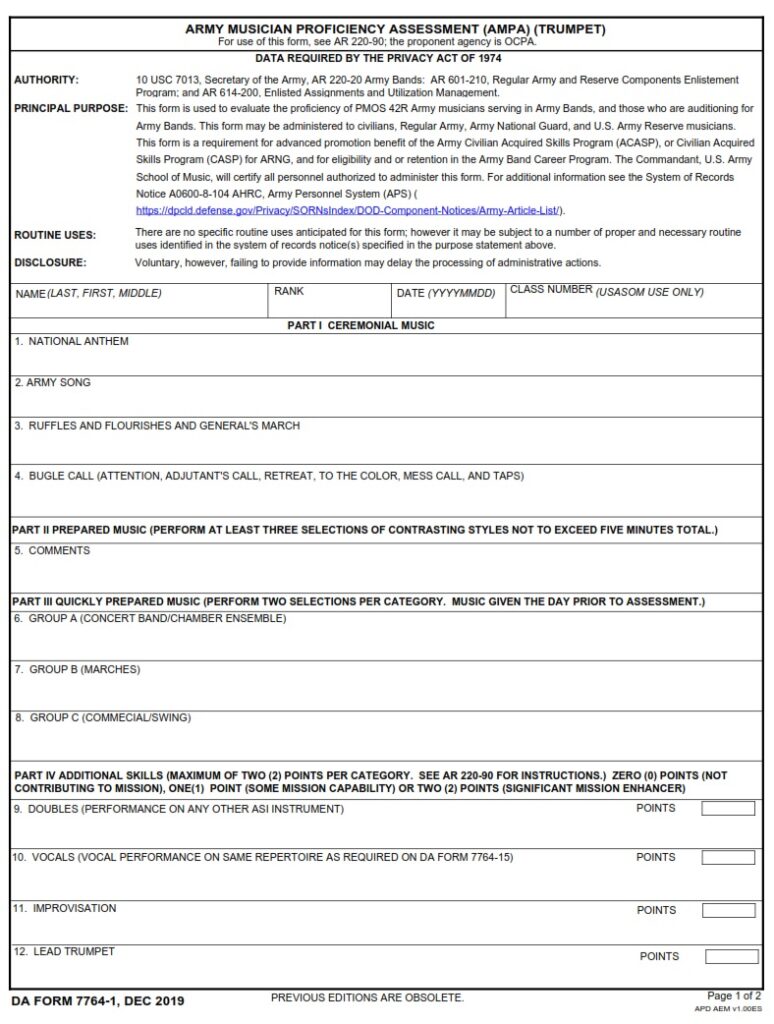 DA FORM 7764-1 - Army Musician Proficiency Assessment (AMPA) (Trumpet)