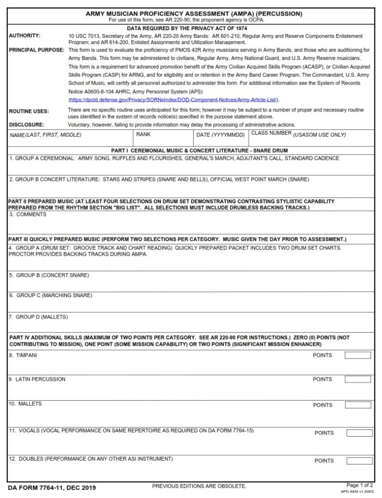 DA FORM 7764-11 - Army Musician Proficiency Assessment (AMPA) (Percussion)