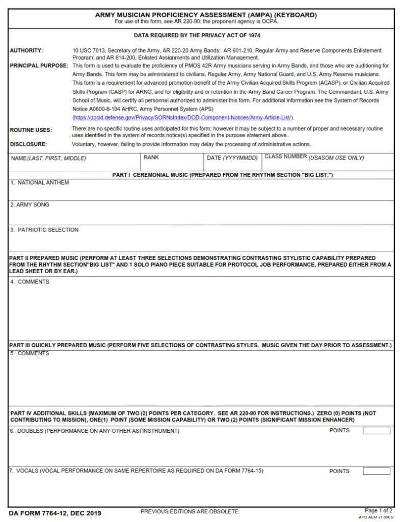 DA FORM 7764-12 - Army Musician Proficiency Assessment (AMPA) (Keyboard)