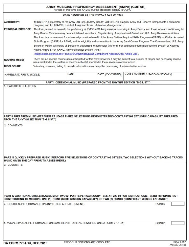 DA FORM 7764-13 - Army Musician Proficiency Assessment (AMPA) (Guitar)