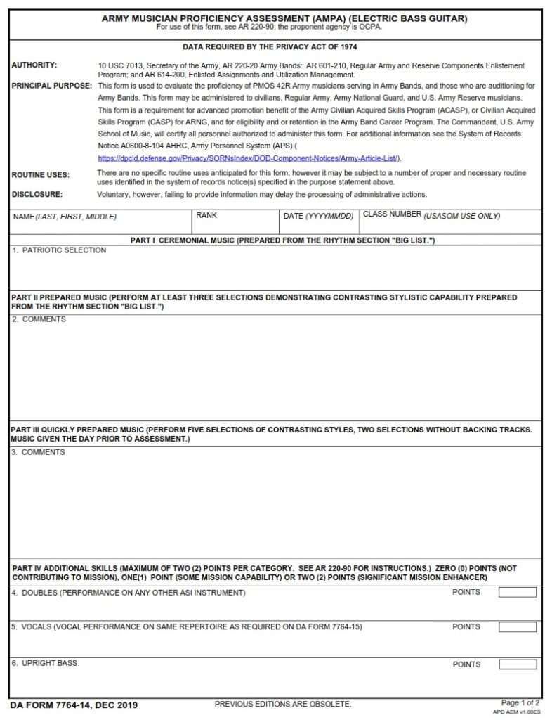 DA FORM 7764-14 - Army Musician Proficiency Assessment (AMPA) (Electric Bass Guitar)