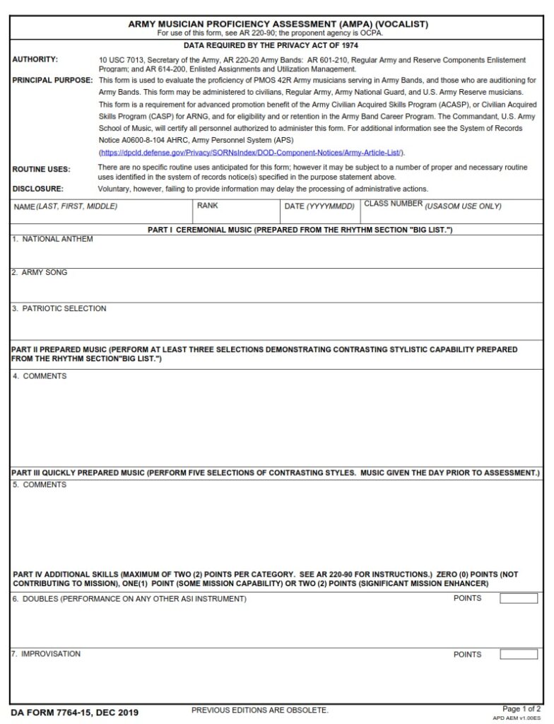 DA FORM 7764-15 - Army Musician Proficiency Assessment (AMPA) (Vocalist)