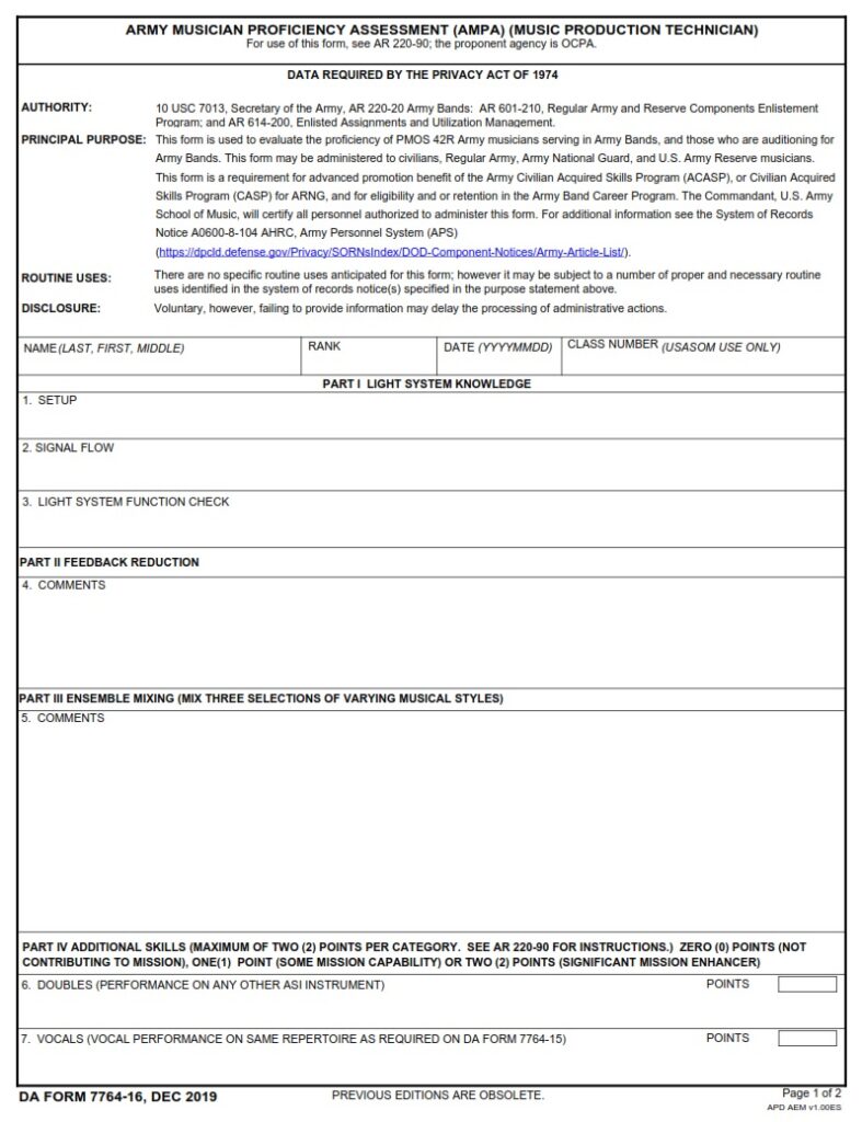 DA FORM 7764-16 - Army Musician Proficiency Assessment (AMPA) (Music Production Technician)