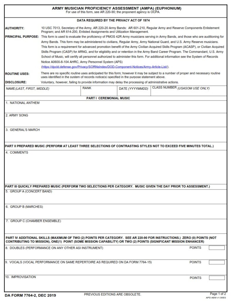 DA FORM 7764-2 - Army Musician Proficiency Assessment (AMPA) (Euphonium)