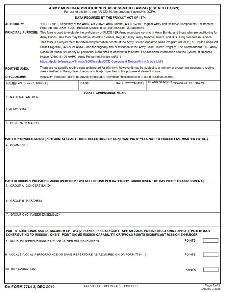 DA FORM 7764-3 - Army Musician Proficiency Assessment (AMPA) (French Horn)