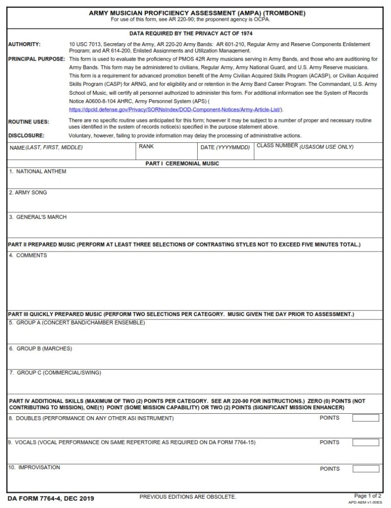 DA FORM 7764-4 - Army Musician Proficiency Assessment (AMPA) (Trombone)