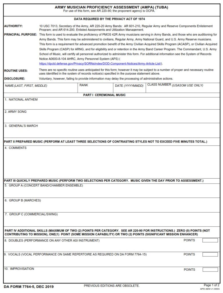 DA FORM 7764-5 - Army Musician Proficiency Assessment(AMPA) (Tuba)