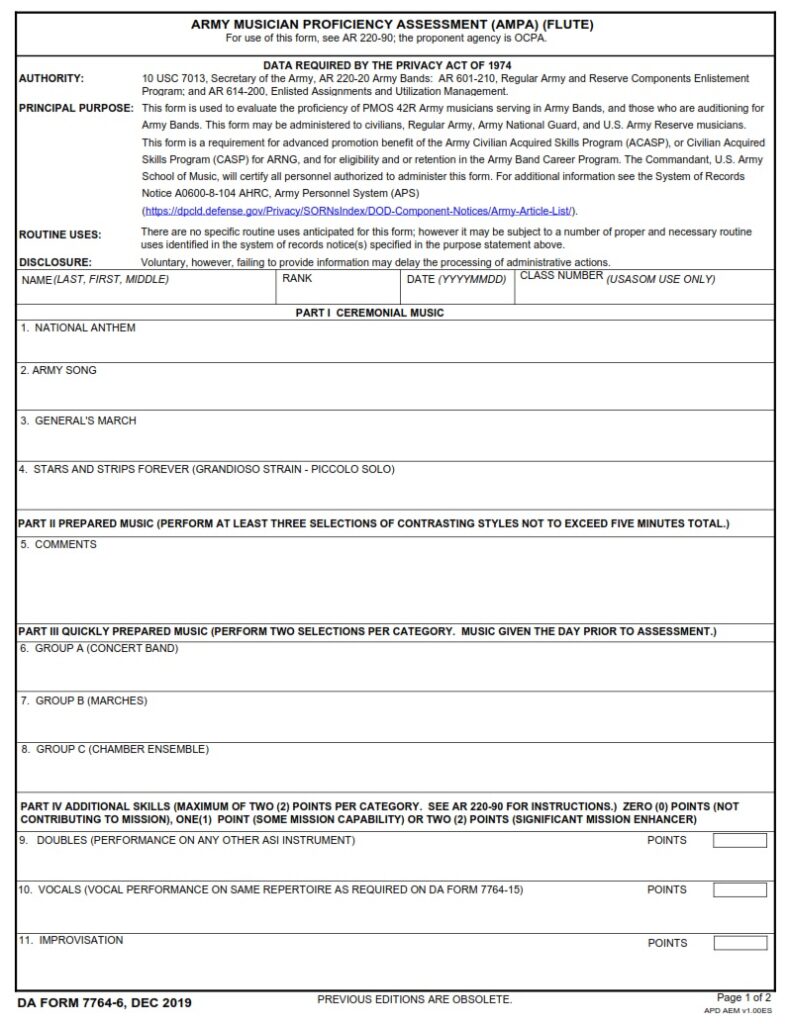 DA FORM 7764-6 - Army Musician Proficiency Assessment (AMPA) (Flute)