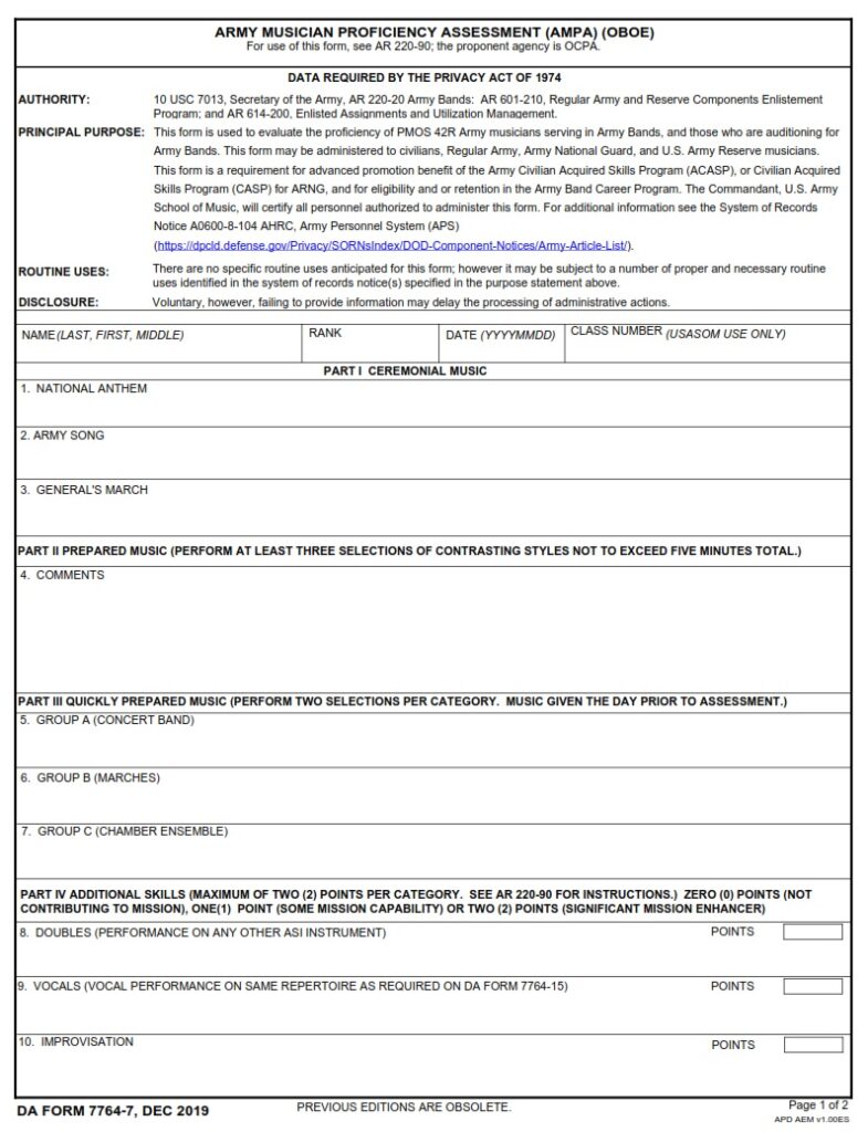 DA FORM 7764-7 - Army Musician Proficiency Assessment (AMPA) (Oboe)