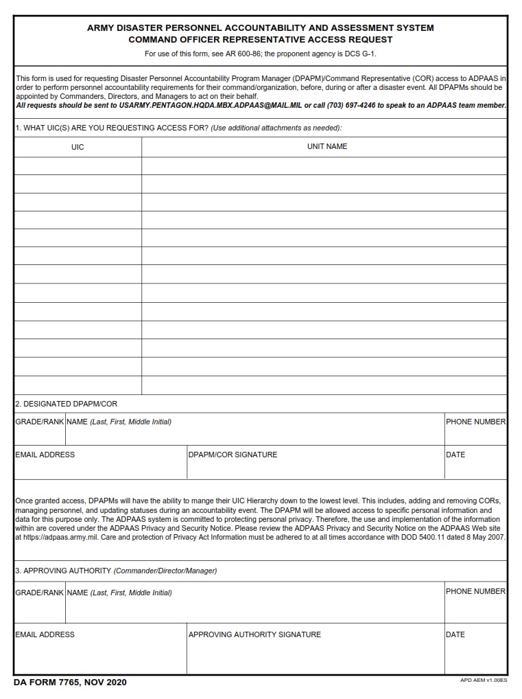 DA FORM 7765 - Army Disaster Personnel Accountability And Assessment System, Command Officer Representative Access Request