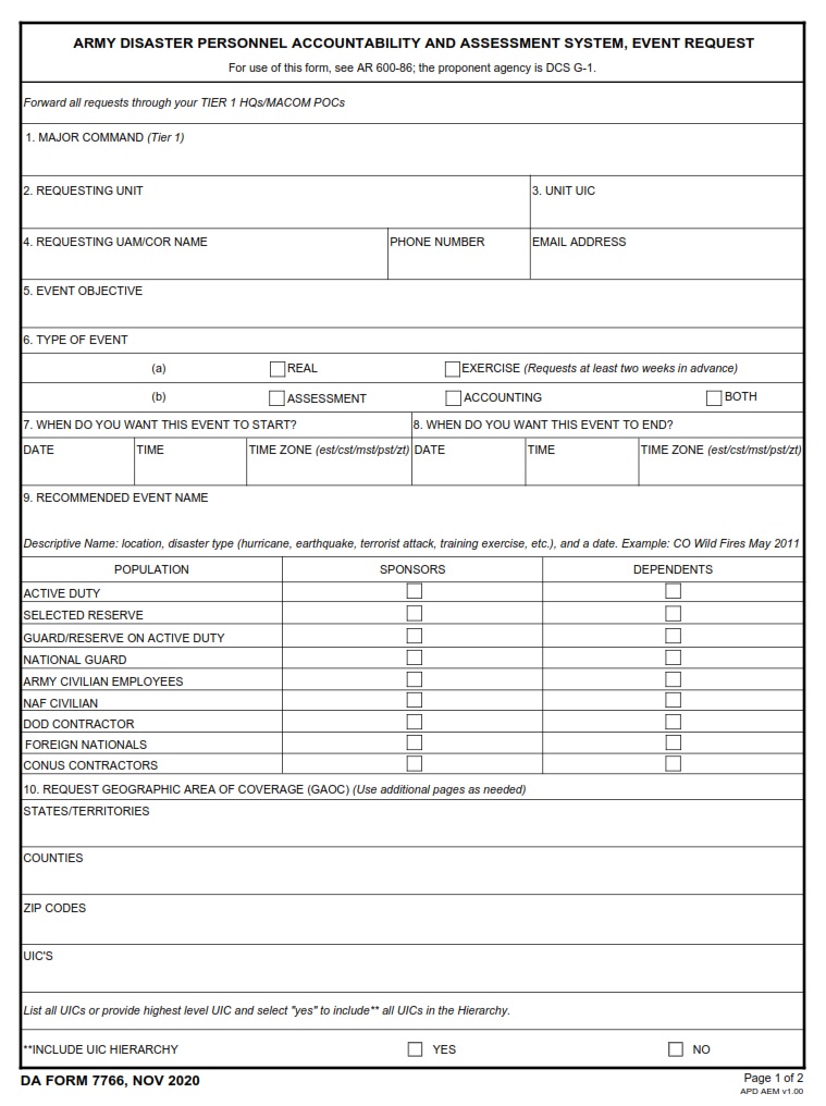 DA FORM 7766 - Army Disaster Personnel Accountability And Assessment System, Event Request - Page 1