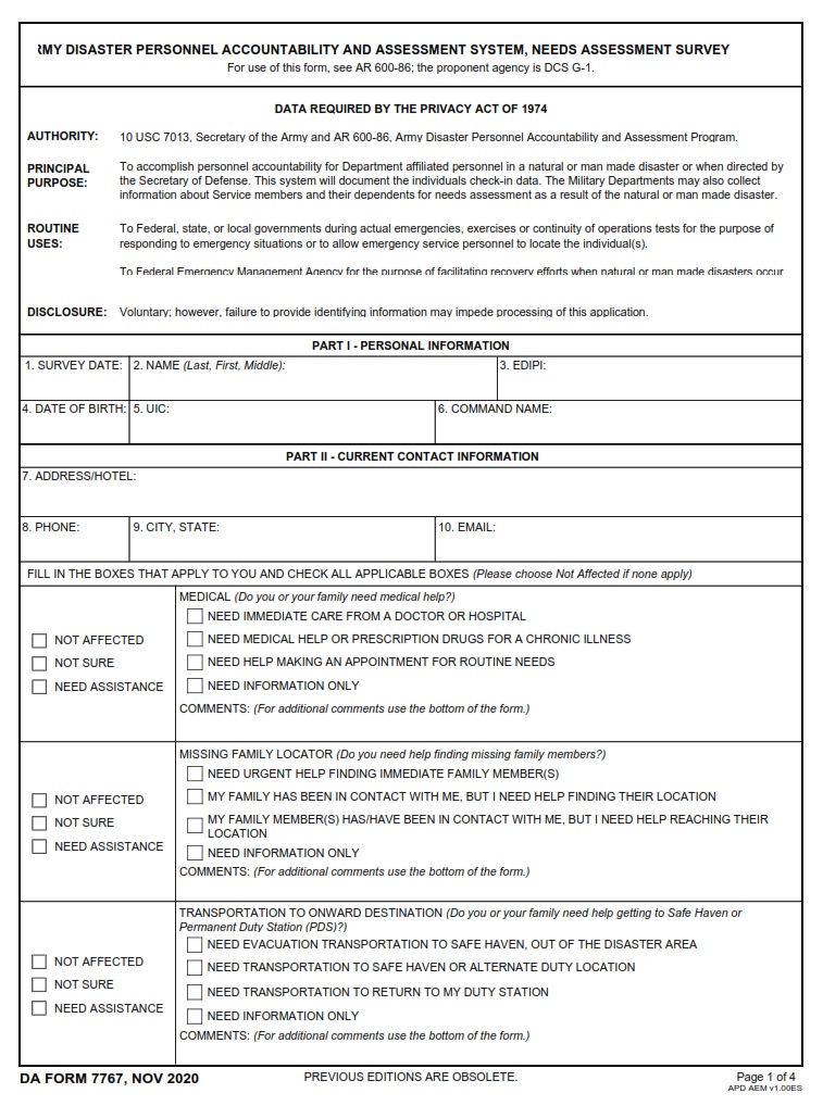 DA FORM 7767 - Army Disaster Personnel Accountability And Assessment System, Needs Assessment Survey