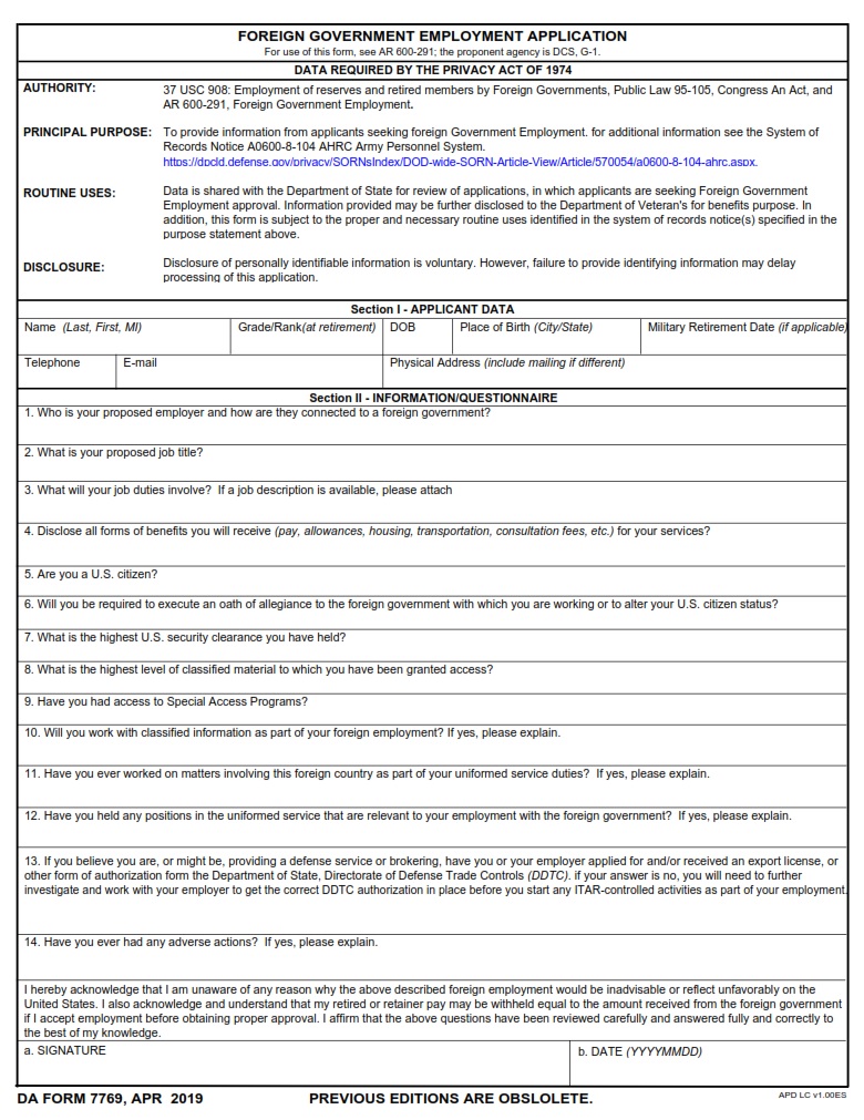 DA FORM 7769 - Foreign Government Employment Application