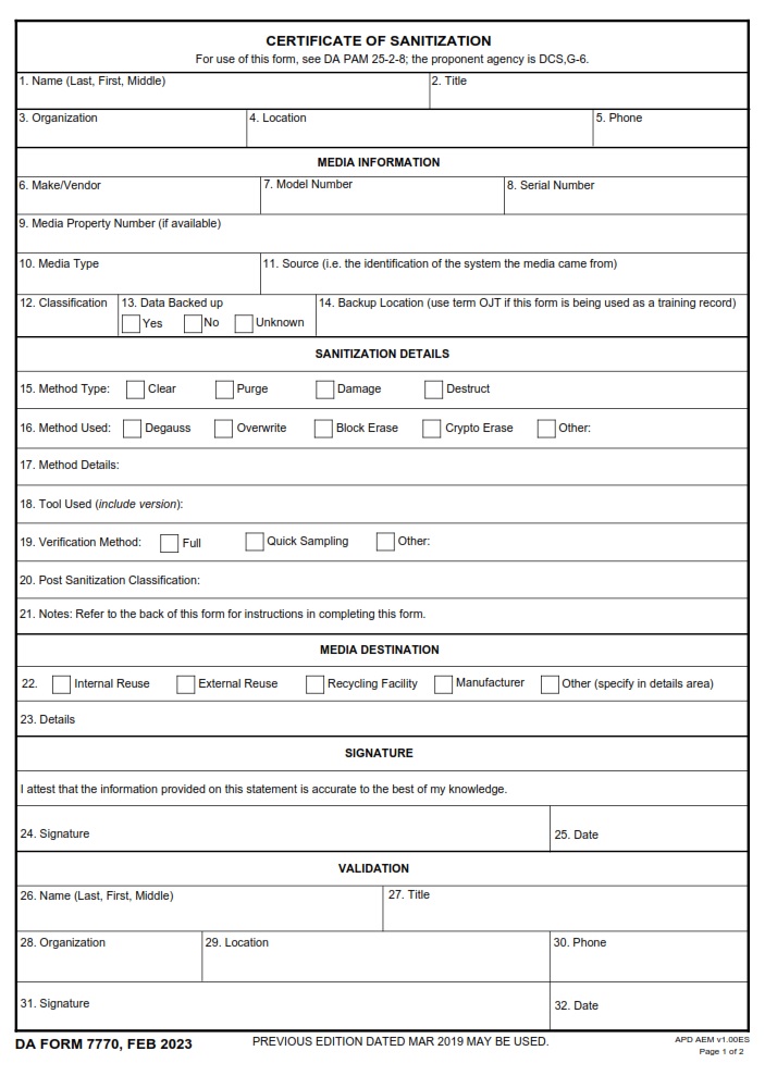 DA FORM 7770 - Certificate Of Sanitization