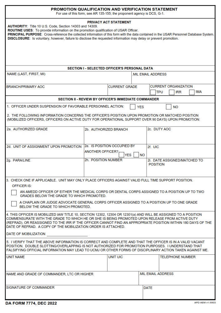 DA FORM 7774 - Promotion Qualification And Verification Statement