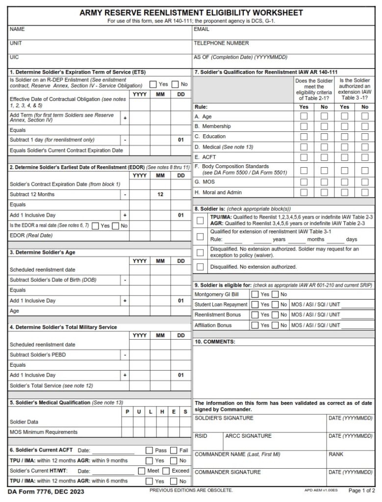 DA FORM 7776 - Army Reserve Reenlistment Eligibility Worksheet