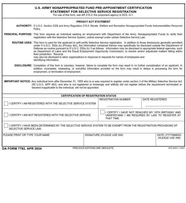 DA FORM 7782 - U.S. Army Nonappropriated Fund Pre-Appointment Certification Statement For Selective Service Registration