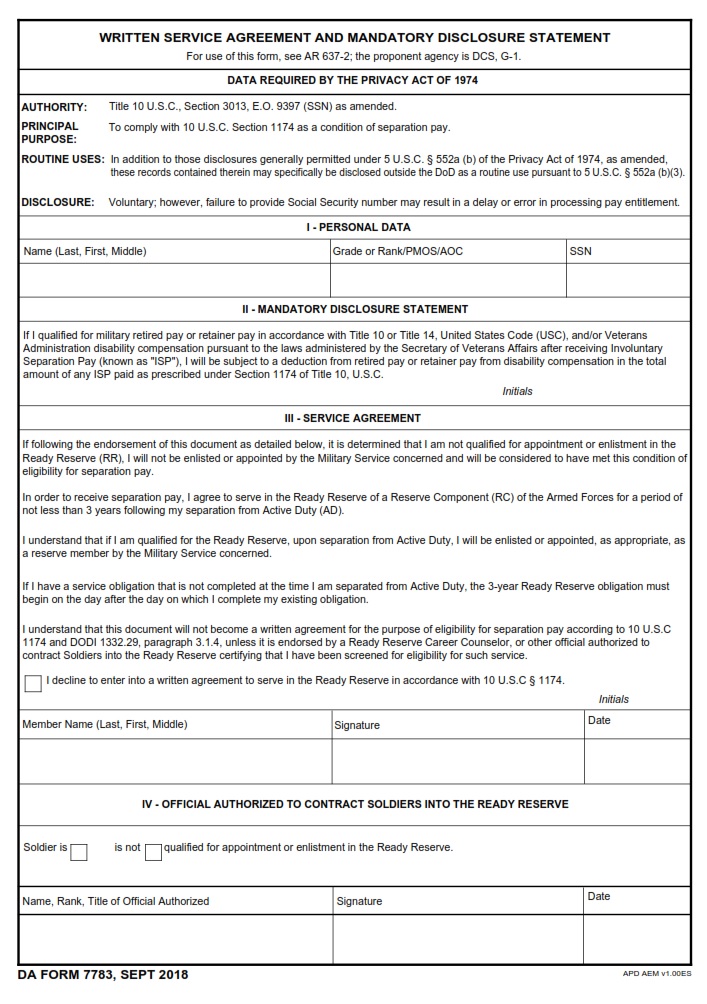 DA FORM 7783 - Written Service Agreement and Mandatory Disclosure Statement