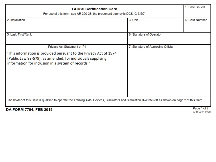 DA FORM 7784 Fillable - Army Pubs 7784 PDF | DA Forms 2024