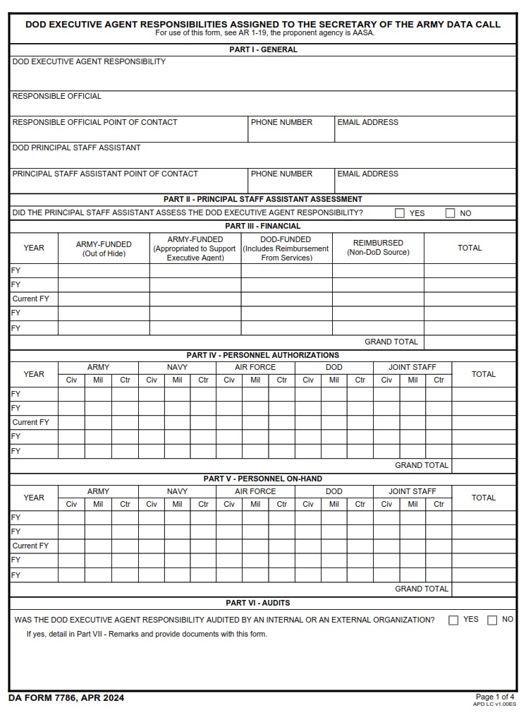 DA FORM 7786 - DoD Executive Agent Responsibilities Assigned to the Secretary Of The Army Data Call