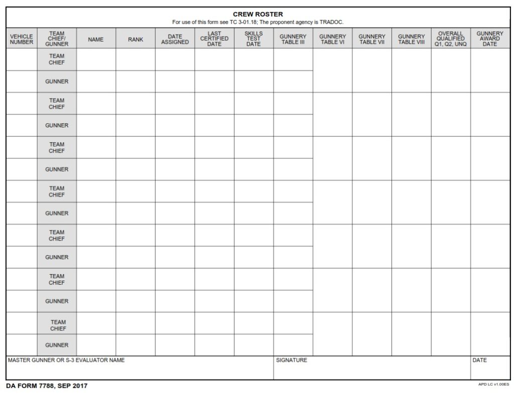 DA FORM 7788 - Crew Roster