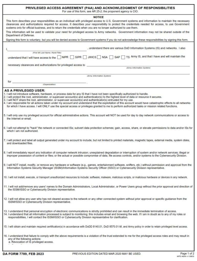 DA FORM 7789 - Privileged Access Agreement (PAA) And Acknowledgment Of Responsibilities