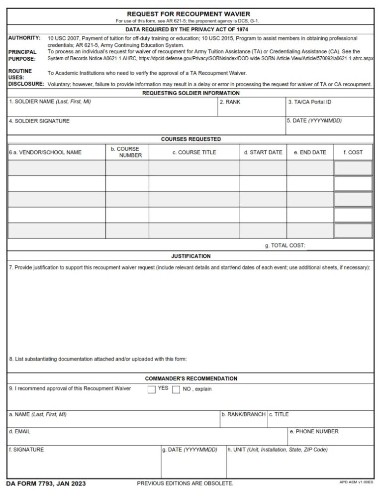 DA FORM 7793 Fillable - Army Pubs 7793 PDF | DA Forms 2024