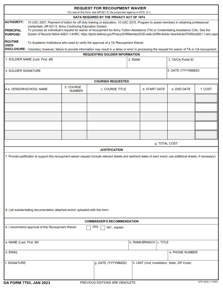 DA FORM 7793 - Request For Recoupment Wavier