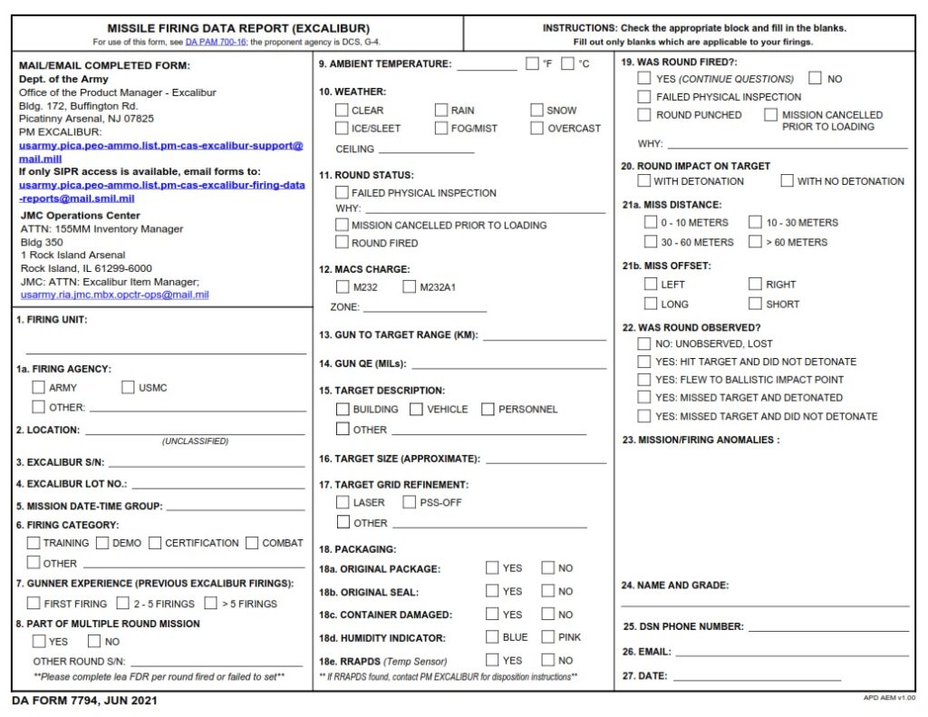 DA FORM 7794 - Missile Firing Data Report (Excalibur)