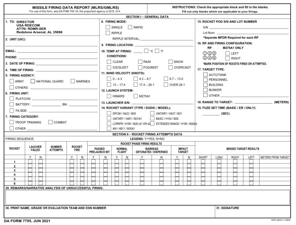 DA FORM 7795 - Missile Firing Data Report (MLRS-GMLRS)