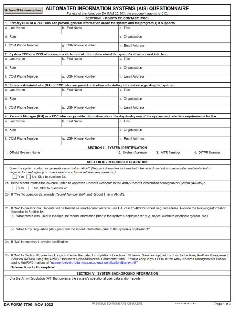 DA FORM 7796 Fillable - Army Pubs 7796 PDF | DA Forms 2025