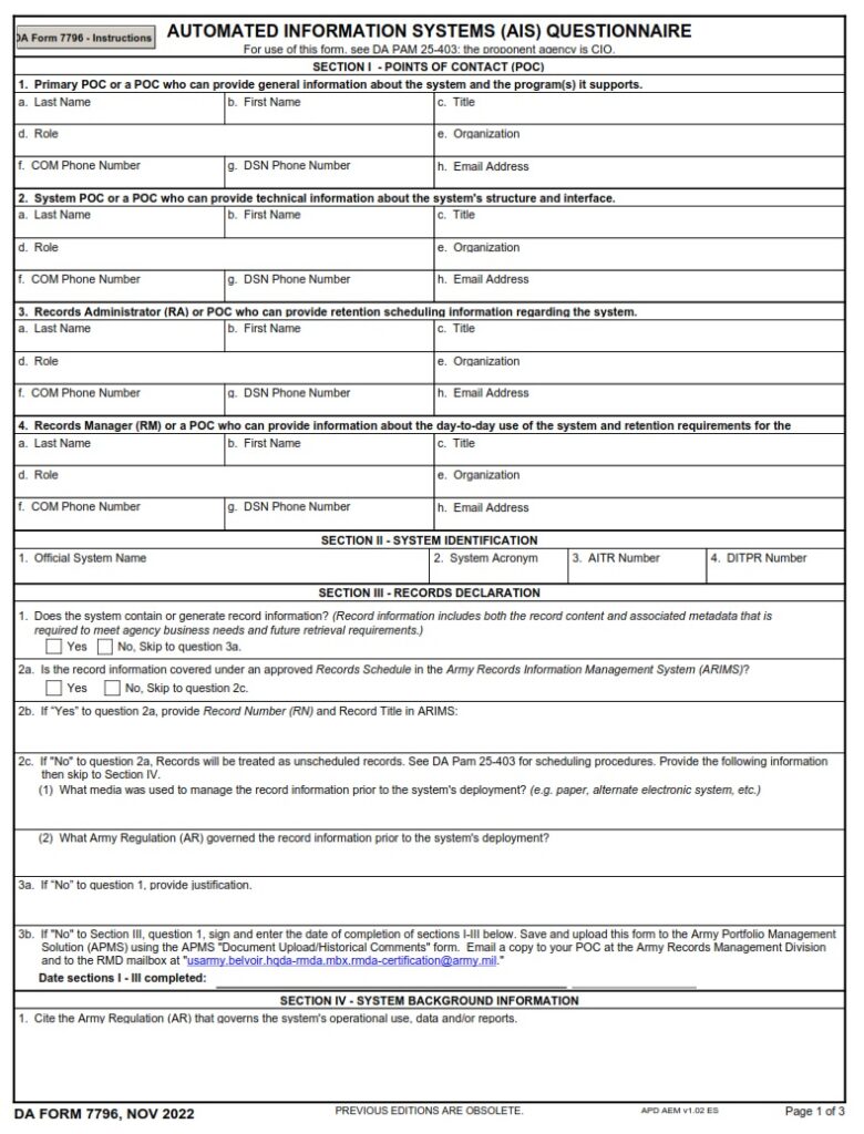 DA FORM 7796 - Automated Information Systems (AIS) Questionnaire