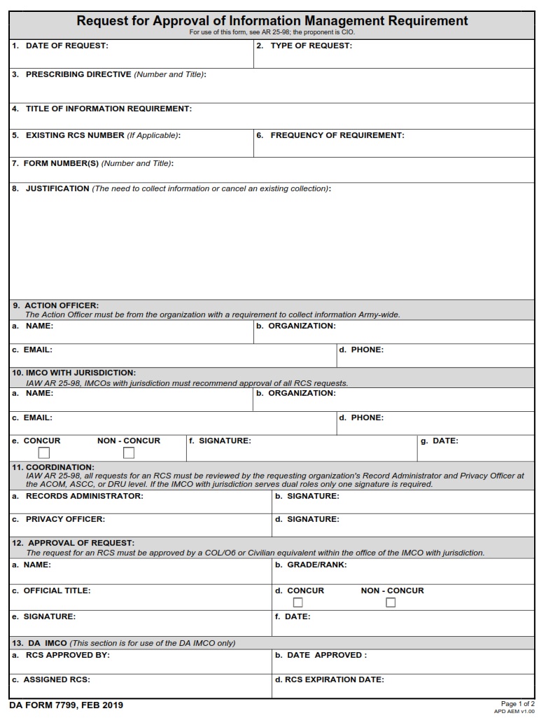 DA FORM 7799 - Request For Approval Of Information Management Requirement