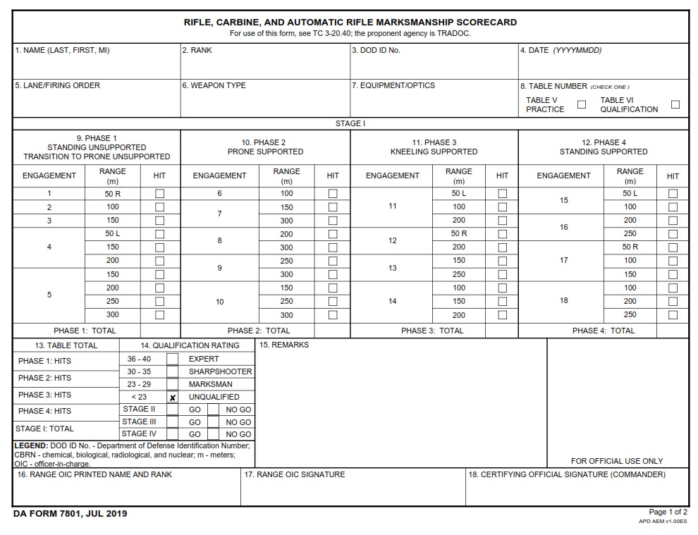 DA FORM 7801 - Rifle, Carbine, and Automatic Rifle Marksmanship Scorecard - Page 1