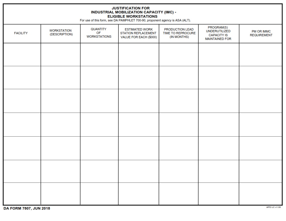 DA FORM 7807 - Justification For Industrial Mobilization Capacity (IMC) - Eligible Workstations