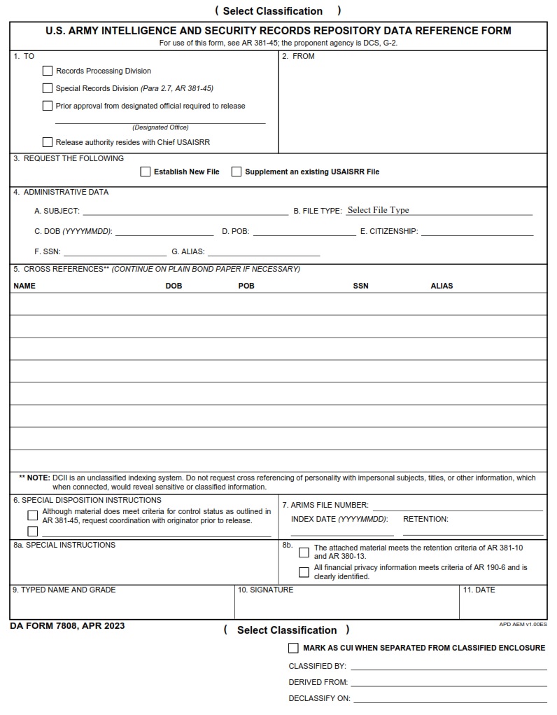 DA FORM 7808 - U.S. Army Intelligence and Security Records Repository Data Reference Form