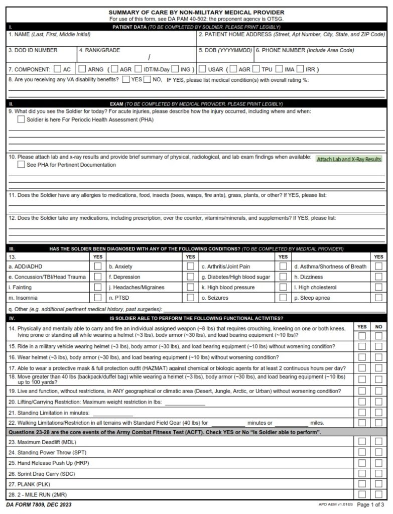 DA FORM 7809 - Summary Of Care By Non-Military Medical Provide