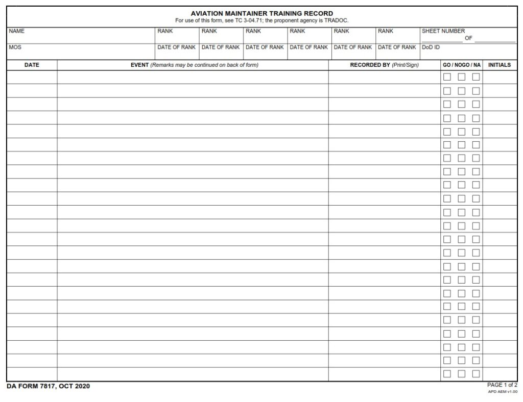 DA FORM 7817 - Aviation Maintainer Training Record