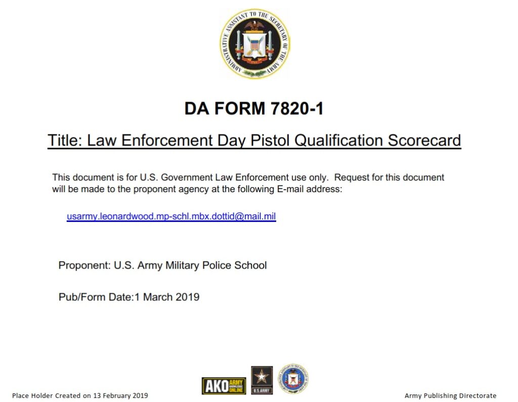 DA FORM 7820-1 - Law Enforcement Day Pistol Qualification Scorecard