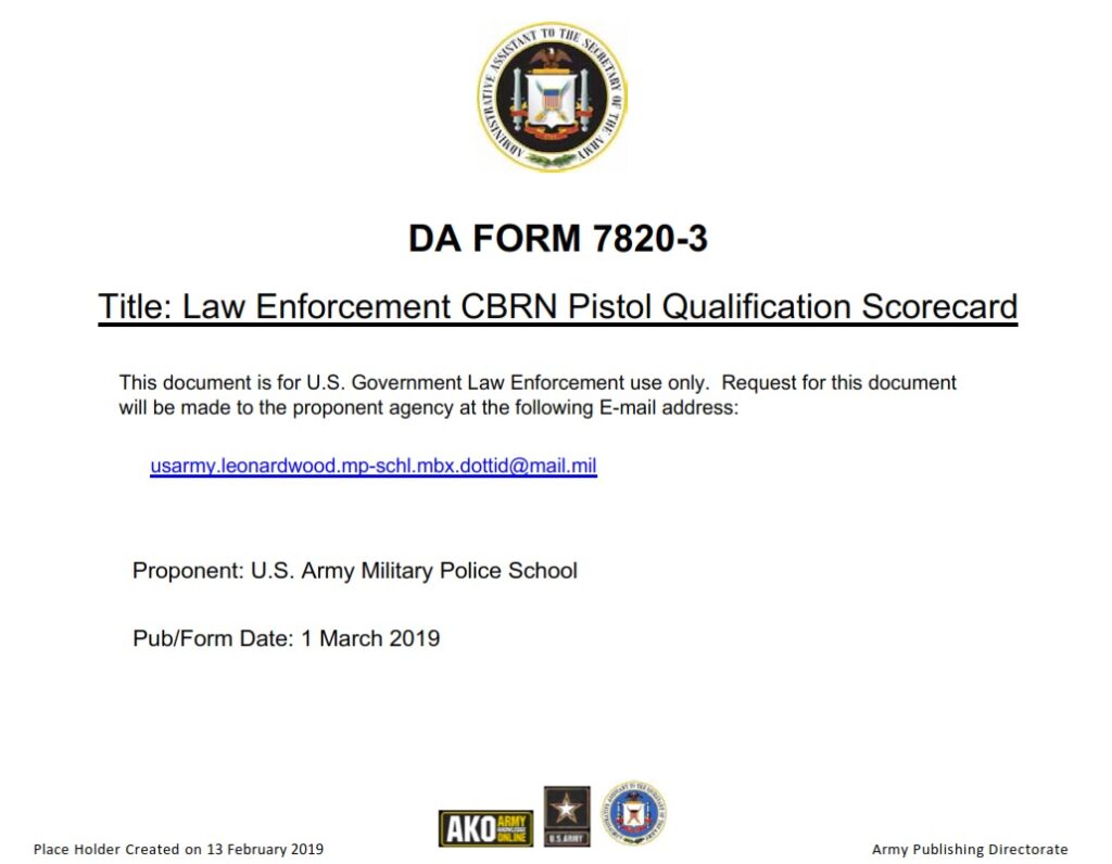 DA FORM 7820-3 - Law Enforcement Cbrn Pistol Qualification Scorecard