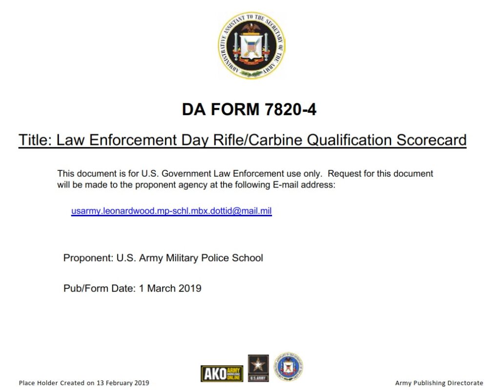 DA FORM 7820-4 - Law Enforcement Day Rifle-Carbine Qualification Scorecard