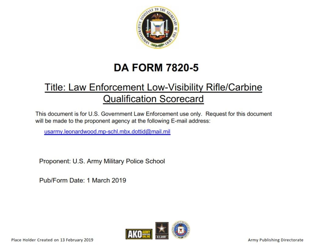 DA FORM 7820-5 - Law Enforcement Low-Visibility Rifle-Carbine Qualification Scorecard